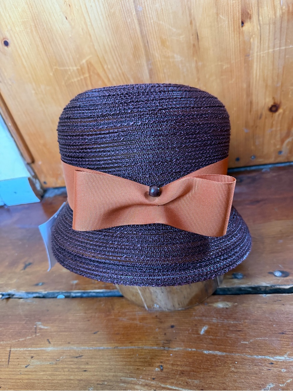 Women's Brown Straw Cloche Hat with Orange Bow  NWT